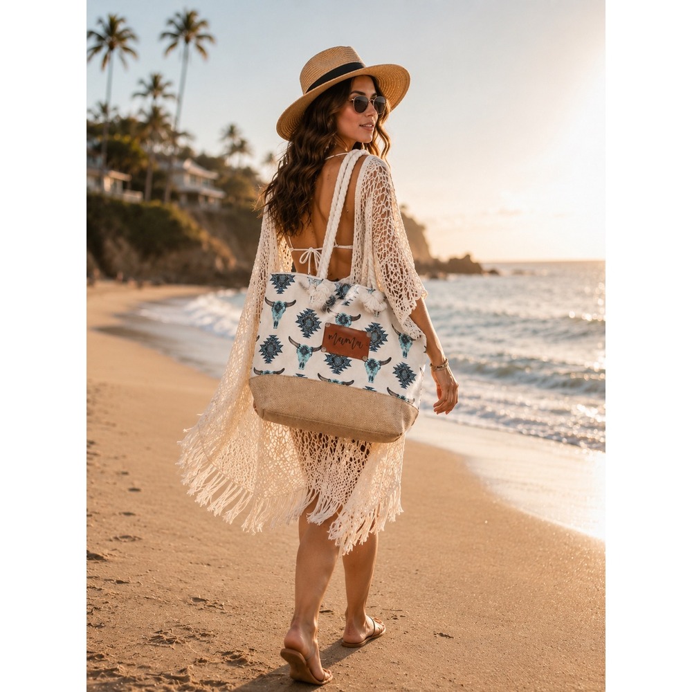Mama Tote Bag Women Large White Blue Western Steer Skull Rope Handle Western